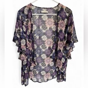 hinge Sheer Floral Open Front Top in Purple & Pink boho cardigan m/l